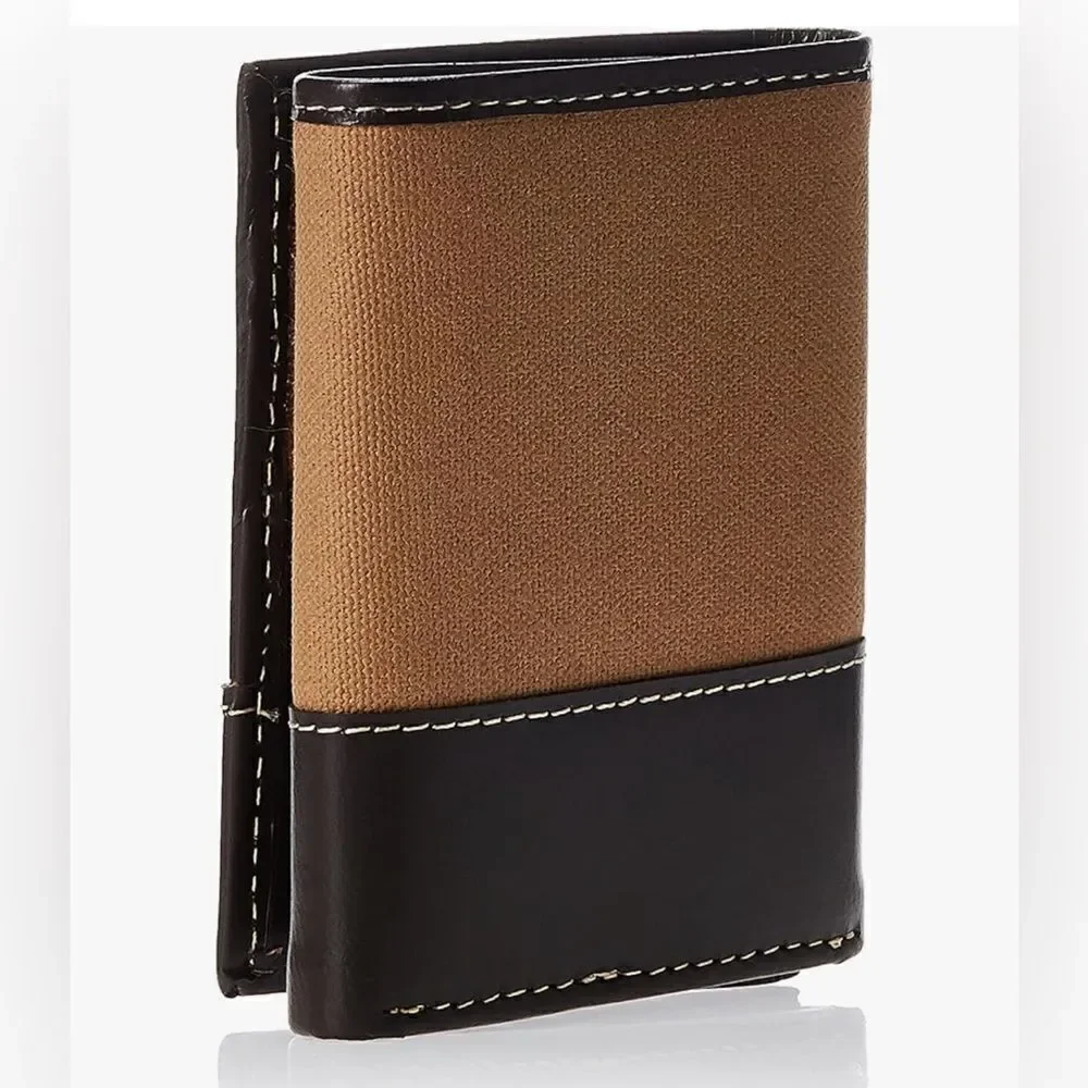 Timberland mens Canvas & Leather Trifold Wallet, Khaki, One Size US